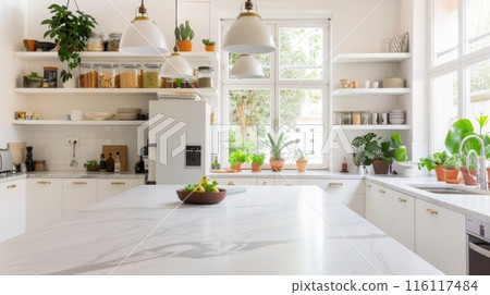 Bright and Airy Modern Kitchen with White Cabinets, Marble Countertops, and Indoor Plants. 116117484