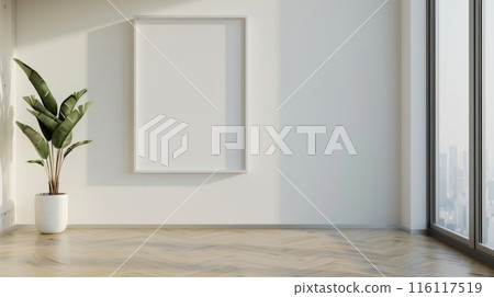 Modern Minimalist Interior with Large Blank Frame and Potted Plant Near Floor-to-Ceiling Window. 116117519