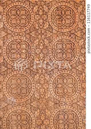 tajik Islamic kandakori patterns arabesque ornament on an wooden carved door in Tajikistan tajik Islamic kandakori patterns arabesque ornament on an wooden carved door in Tajikistan 116117749