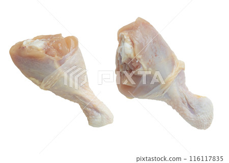 Raw chicken leg drumstick isolated on white background Raw chicken leg drumstick isolated on white background 116117835