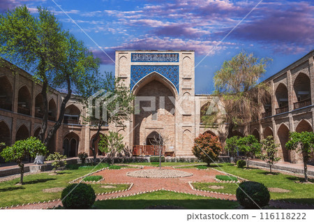 courtyard of ancient Uzbek Kukeldash Madrasah in Tashkent in Uzbekistan. Old medieval Islamic madrassah in Asia 116118222