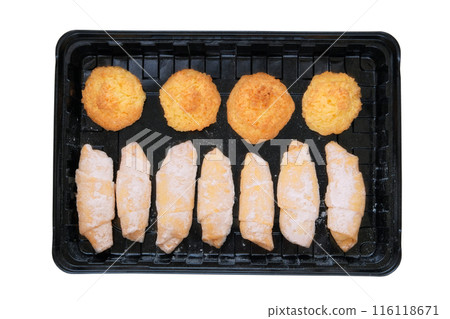 Cookies set in black box. Isolated on white background. Diversity of bakery. Takeaway. Top view. 116118671