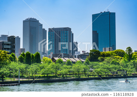 Osaka Business Park (OBP) buildings in Shiromi, Chuo-ku, Osaka City, view from Sakuranomiya Park 116118928