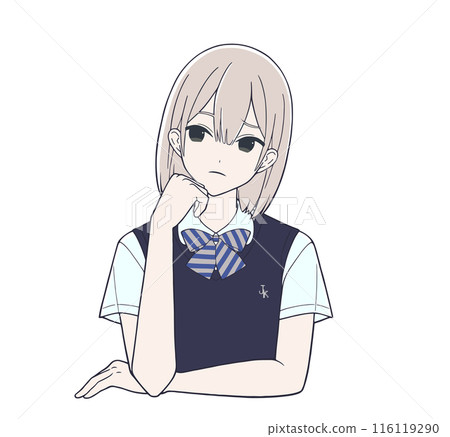Cartoon style female student illustration with a worried expression Cartoon style female student illustration with a worried expression 116119290