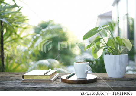 small white cup and notebook and plant pot balcony outdoor small white cup and notebook and plant pot balcony outdoor 116119365
