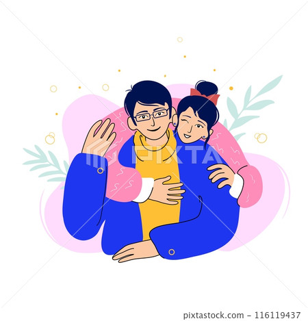 Happy Asian family, girl hugs guy from behind Happy Asian family, girl hugs guy from behind 116119437