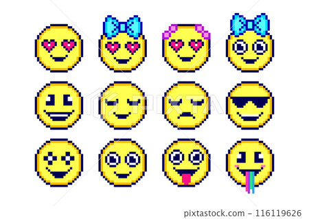 Set of emoticons in pixel art style on white background. Set of emoticons in pixel art style on white background. 116119626