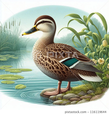 Spot-billed ducks by the water 116119644