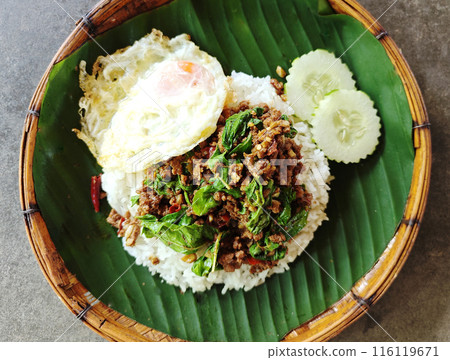 Stir-fried minced beef with basil and fried egg(Pad Kapow ) Stir-fried minced beef with basil and fried egg(Pad Kapow ) 116119671