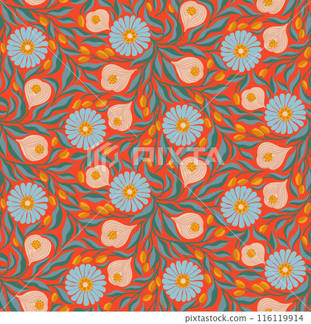 Floral Half Drop Seamless Pattern of light Blue Daisies with Leaves and Little Yellow Tulips on Red. Great for Wallpapers, Textiles, Papers, Prints, Fashion, Beauty Products, Wrappings, Package Design 116119914