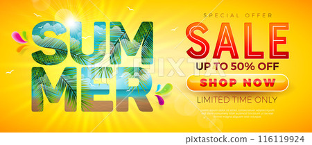 Summer Sale Design with Exotic Leaves and Ocean Landscape in Text Label on Yellow Background. Tropical Floral Vector Beach Holiday Illustration with Special Offer Typography for Coupon, Voucher 116119924