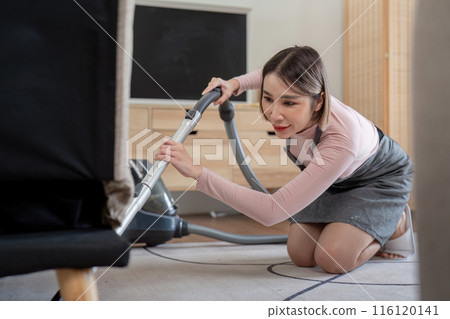 Housekeeper Cleaning Living Room with Vacuum Cleaner, Performing Housework, Maintaining Cleanliness and Hygiene in Modern Home Housekeeper Cleaning Living Room with Vacuum Cleaner, Performing Housework, Maintaining Cleanliness and Hygiene in Modern Home 116120141