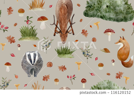Autumn forest wild plants and animals watercolor seamless pattern isolated on warm grey background. Hand drawn art in simple style for woodland kids designs, wallpaper, wrapping paper and packages 116120152