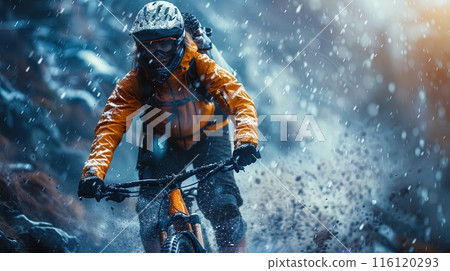 Mountain Biker Riding Through Snowy Forest in Winter 116120293
