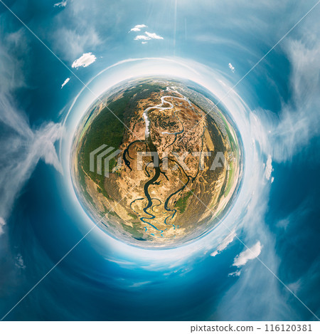 Aerial View Green Countryside Rural forest river Field Meadow Landscape Sunny summer Day. Top View Of Beautiful Nature From High Attitude. Little Small Planet Concept 116120381