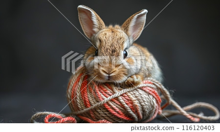 Brown Bunny Resting on Ball of Yarn Against Dark Background 116120403