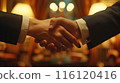Two People Shake Hands in a Dimly Lit Room 116120416