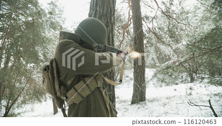 Usa Soldier With Old Thompson Sub-machine Gun. Close-up View Detail On Thompson Sub-machine Gun In Hands Of Re-enactor Dressed As American Infantry Soldier. Usa Army Soldiers Of World War Ii 116120463