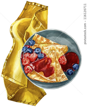 Watercolor pancake with strawberry jam, strawberry and blueberry isolated on white background. Illustration hand painted stack of homemade pancakes.Dessert topped with fruit and syrup for a snack. 116120711
