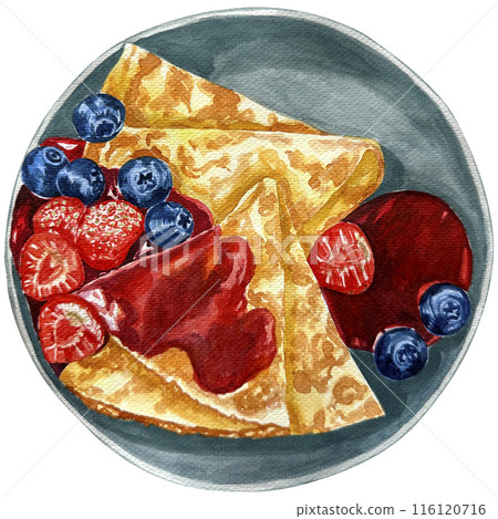 Watercolor pancake with strawberry jam, strawberry and blueberry isolated on white background. Illustration hand painted stack of homemade pancakes.Dessert topped with fruit and syrup for a snack. 116120716