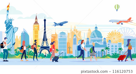 An illustration depicting tourists walking past iconic landmarks 116120753