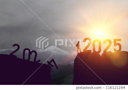 New year 2025 or straight forward concept. Text 2024 to 2025 written on the mountain top with at sunrise. Concept of planning, goal, challenge, new year resolution and start. New year 2025 or straight forward concept. Text 2024 to 2025 written on the mountain top with at sunrise. Concept of planning, goal, challenge, new year resolution and start. 116121294