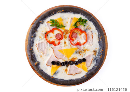 pizza with black dough and ham and olives for children's menu 1 pizza with black dough and ham and olives for children's menu 1 116121456