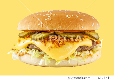 hamburger like in McDonald's with a beef cutlet on a yellow background, studio shooting 1 hamburger like in McDonald's with a beef cutlet on a yellow background, studio shooting 1 116121510