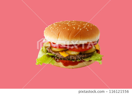 hamburger like in McDonald's with a beef cutlet on a red background, studio shooting 3 hamburger like in McDonald's with a beef cutlet on a red background, studio shooting 3 116121556