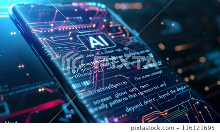 Smartphone gadget with AI technology. Big data analytics with Machine learning algorithm. Data analyst analyzing and visualizing complex information network with artificial intelligence. 116121695