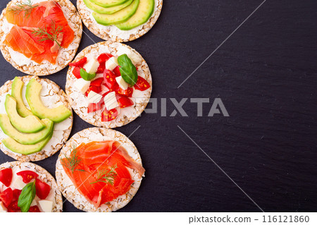Protein toast ceispbread with delicious toppings top view 116121860