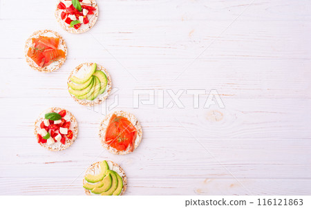 Protein toast ceispbread with delicious toppings top view 116121863