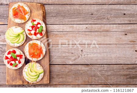 Protein toast ceispbread with delicious toppings top view 116121867
