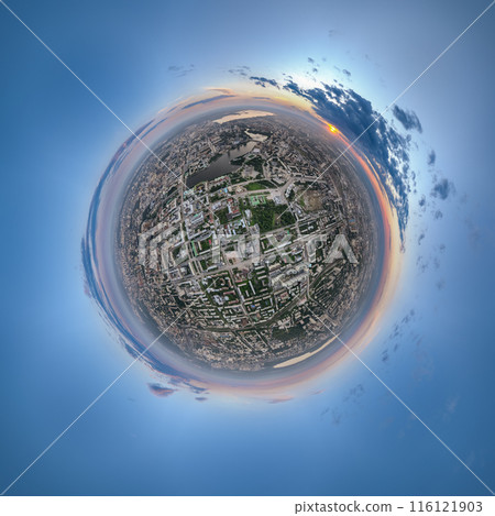 Yekaterinburg city with Buildings of Regional Government and Parliament, Dramatic Theatre, Iset Tower, Yeltsin Center, Aerial View. Little planet sphere mode Yekaterinburg city with Buildings of Regional Government and Parliament, Dramatic Theatre, Iset Tower, Yeltsin Center, Aerial View. Little planet sphere mode 116121903