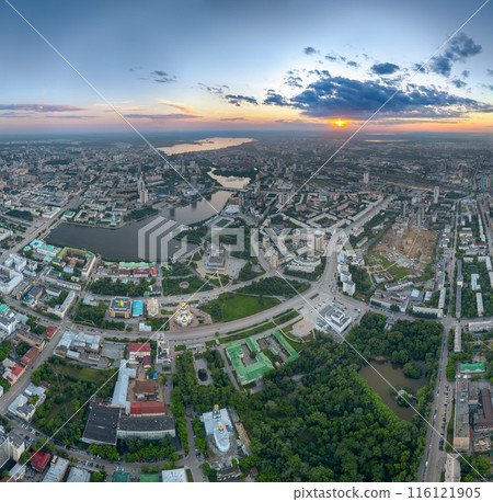 Yekaterinburg aerial panoramic view in summer sunset. Ekaterinburg is the fourth largest city in Russia located in the Eurasian continent on the border of Europe and Asia. 116121905
