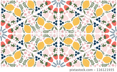 Playful seamless pattern featuring illustrations of lemons, raspberries, blueberries, white strawberries, pink flowers, and green leaves, arranged in a diamond-shaped design. Modern, organic vector Playful seamless pattern featuring illustrations of lemons, raspberries, blueberries, white strawberries, pink flowers, and green leaves, arranged in a diamond-shaped design. Modern, organic vector 116121935