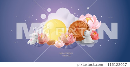 3D vector poster of rabbits with moon cake and lotus flowers for the mid-autumn festival 116122027