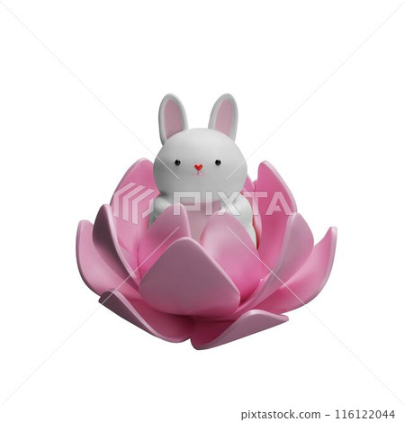 Vector illustration 3D white rabbit sitting in a lotus, embodying the traditions of Asian holidays Vector illustration 3D white rabbit sitting in a lotus, embodying the traditions of Asian holidays 116122044