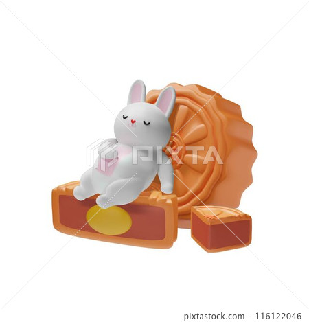 3D vector illustration of a sleeping white rabbit stuffed with a large moon cake 3D vector illustration of a sleeping white rabbit stuffed with a large moon cake 116122046