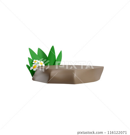3D vector stone with daisy flowers growing from behind on a white background 116122071