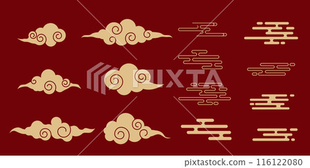Japanese cloud set, asian traditional wavy curly ornament. China ornament, eastern decoration doodle, line. Clouds flow with the wind in the sky . 116122080