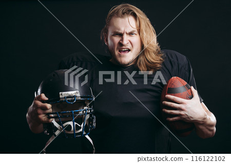Rugby football player, with long hair over isolated background 116122102