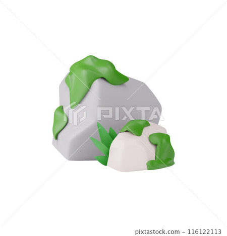 A set of vectors depicting 3D stones covered with green moss and grass. A set of vectors depicting 3D stones covered with green moss and grass. 116122113