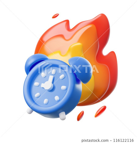The alarm clock is engulfed in flames. Vector 3D illustration of emoji. 116122116