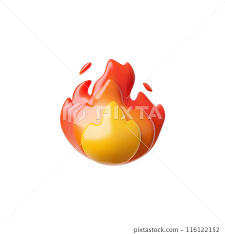 3d render emoji icon of red yellow fire with hot sparks. 116122152