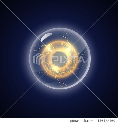 Lightning round frame in sphere shield, yellow rays bright power in defense shell, vector circle thunderbolt light flash 116122169