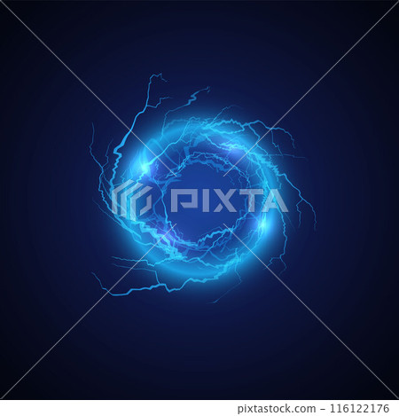 Lightning round frame, bright power, vector blue glowing magical portal, circle thunderbolt, energy strike, light flash Lightning round frame, bright power, vector blue glowing magical portal, circle thunderbolt, energy strike, light flash 116122176