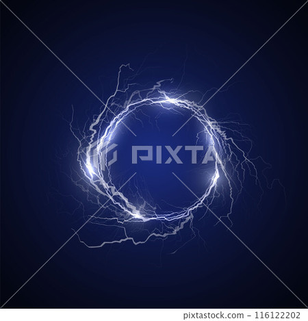 Lightning round frame, vector glowing magic rays portal, white circle thunderbolt, energy strike light flash hole effect 116122202