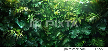 Lush Tropical Foliage with Various Green Leaves Lush Tropical Foliage with Various Green Leaves 116122220