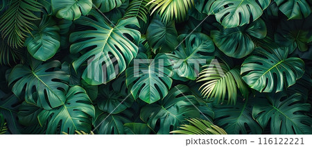 Lush Tropical Foliage with Various Green Leaves 116122221